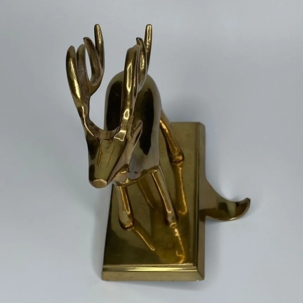 Pair of Brass Mantel‎ Holder Hangers Reindeer Christmas Holiday Stocking